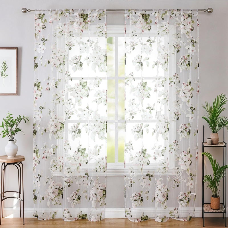 BROSHAN Pink Floral Sheer Curtains 78 Inches Long for Living Room, Pretty Flower Print Bedroom Curtain Sheers Transparent Window Curtains 2 Panels Set, Botanical Sage Green Leaves Pattern - Image 2